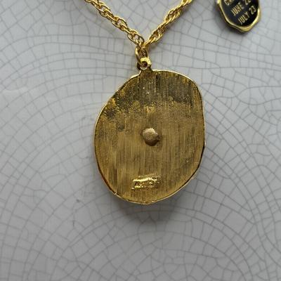 LOT 96: Vintage Pendant/Necklace Collection: Trifari Pisces Etched Glass Zodiac, Barbados Cut-out Coin, Gold/Silver Tone Pisces Zodiac...