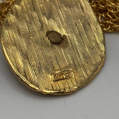 LOT 96: Vintage Pendant/Necklace Collection: Trifari Pisces Etched Glass Zodiac, Barbados Cut-out Coin, Gold/Silver Tone Pisces Zodiac...