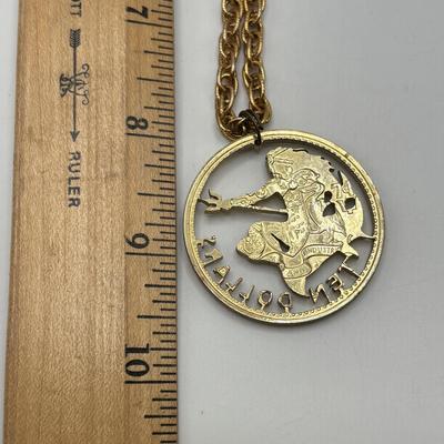 LOT 96: Vintage Pendant/Necklace Collection: Trifari Pisces Etched Glass Zodiac, Barbados Cut-out Coin, Gold/Silver Tone Pisces Zodiac...