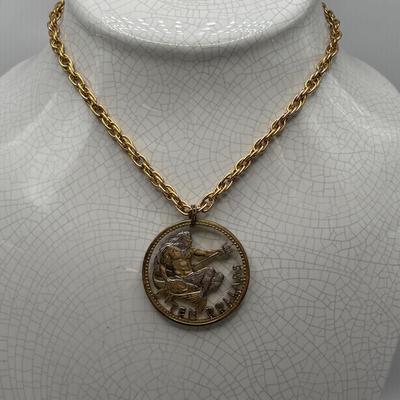 LOT 96: Vintage Pendant/Necklace Collection: Trifari Pisces Etched Glass Zodiac, Barbados Cut-out Coin, Gold/Silver Tone Pisces Zodiac...