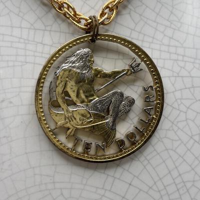 LOT 96: Vintage Pendant/Necklace Collection: Trifari Pisces Etched Glass Zodiac, Barbados Cut-out Coin, Gold/Silver Tone Pisces Zodiac...