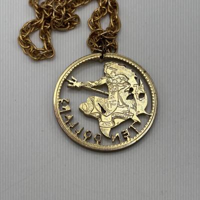 LOT 96: Vintage Pendant/Necklace Collection: Trifari Pisces Etched Glass Zodiac, Barbados Cut-out Coin, Gold/Silver Tone Pisces Zodiac...