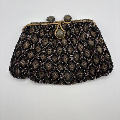 LOT. 112: Gorgeous Antique Black & Gold Beaded Evening Purse, Triple Strand Faux Pearl & Crystal Necklaces & More