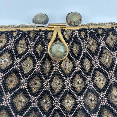 LOT. 112: Gorgeous Antique Black & Gold Beaded Evening Purse, Triple Strand Faux Pearl & Crystal Necklaces & More