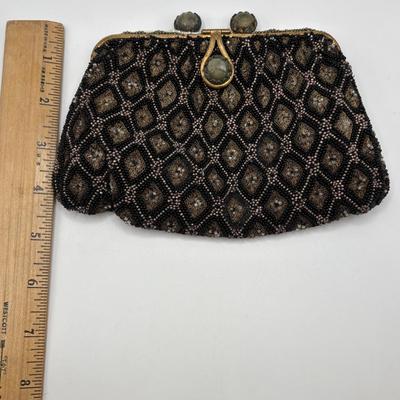 LOT. 112: Gorgeous Antique Black & Gold Beaded Evening Purse, Triple Strand Faux Pearl & Crystal Necklaces & More