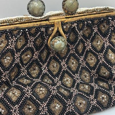 LOT. 112: Gorgeous Antique Black & Gold Beaded Evening Purse, Triple Strand Faux Pearl & Crystal Necklaces & More