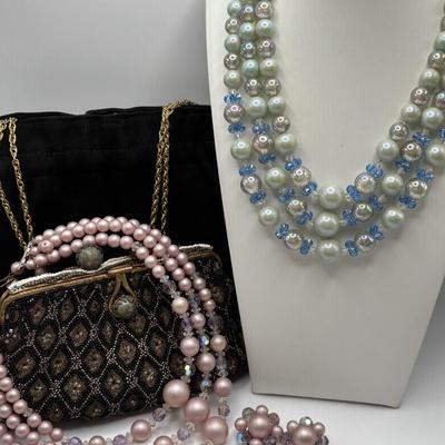 LOT. 112: Gorgeous Antique Black & Gold Beaded Evening Purse, Triple Strand Faux Pearl & Crystal Necklaces & More