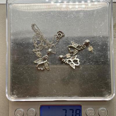 LOT 113: Sterling Silver Open Heart Angel Necklace w/Pendant and Matching Earrings