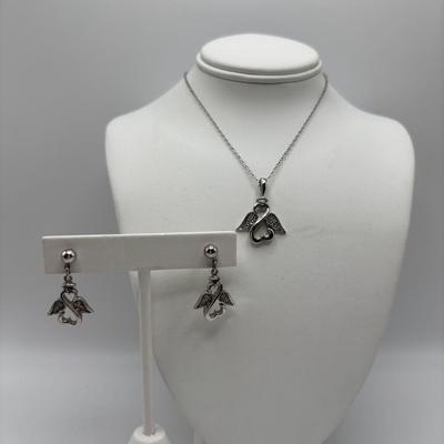 LOT 113: Sterling Silver Open Heart Angel Necklace w/Pendant and Matching Earrings