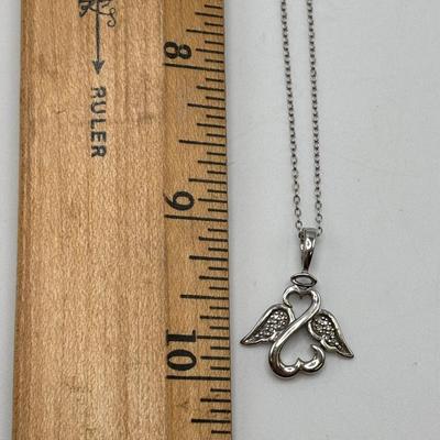 LOT 113: Sterling Silver Open Heart Angel Necklace w/Pendant and Matching Earrings