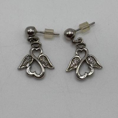 LOT 113: Sterling Silver Open Heart Angel Necklace w/Pendant and Matching Earrings
