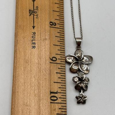 LOT 114: Sterling Silver (925) Plumeria Flower Necklace & Floral Brooch