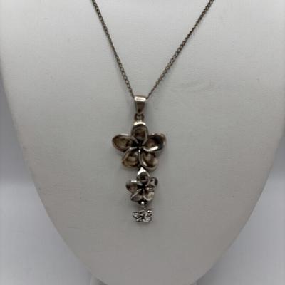 LOT 114: Sterling Silver (925) Plumeria Flower Necklace & Floral Brooch