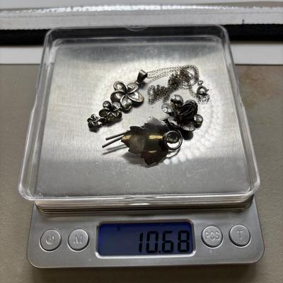 LOT 114: Sterling Silver (925) Plumeria Flower Necklace & Floral Brooch