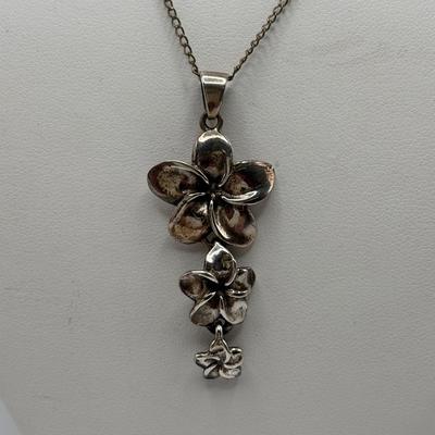 LOT 114: Sterling Silver (925) Plumeria Flower Necklace & Floral Brooch