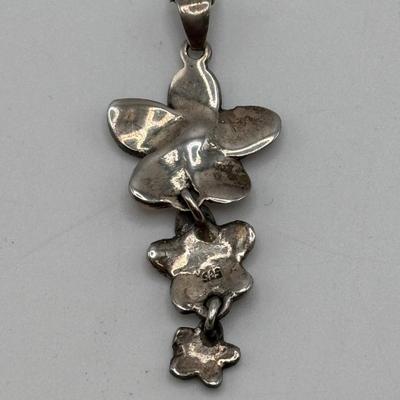 LOT 114: Sterling Silver (925) Plumeria Flower Necklace & Floral Brooch