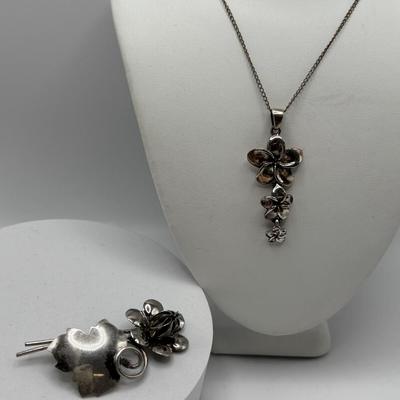 LOT 114: Sterling Silver (925) Plumeria Flower Necklace & Floral Brooch
