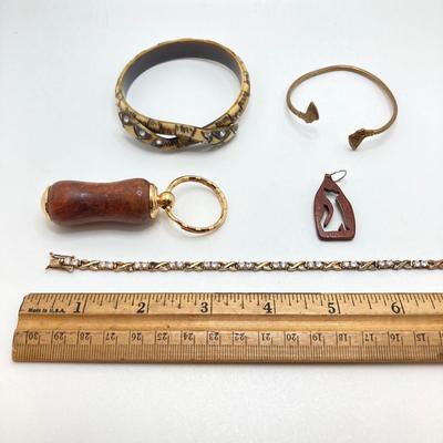 LOT 136: Vintage Jewelry - Double-headed Serpent Bracelet, Cubic Zirconia Tennis Bracelet / Earrings, Secret Compartment Key Chain,...