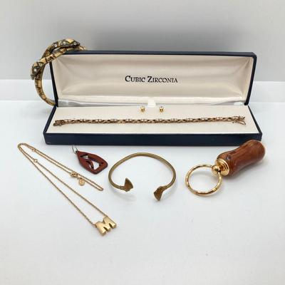 LOT 136: Vintage Jewelry - Double-headed Serpent Bracelet, Cubic Zirconia Tennis Bracelet / Earrings, Secret Compartment Key Chain,...