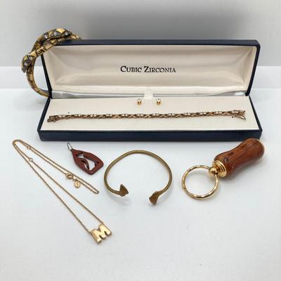 LOT 136: Vintage Jewelry - Double-headed Serpent Bracelet, Cubic Zirconia Tennis Bracelet / Earrings, Secret Compartment Key Chain,...