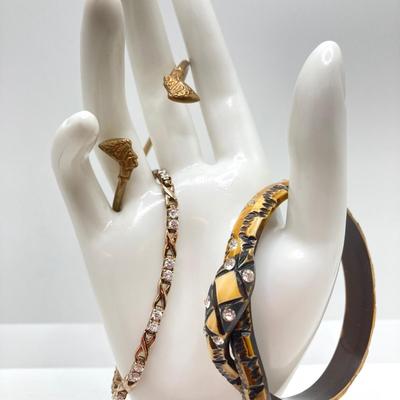 LOT 136: Vintage Jewelry - Double-headed Serpent Bracelet, Cubic Zirconia Tennis Bracelet / Earrings, Secret Compartment Key Chain,...