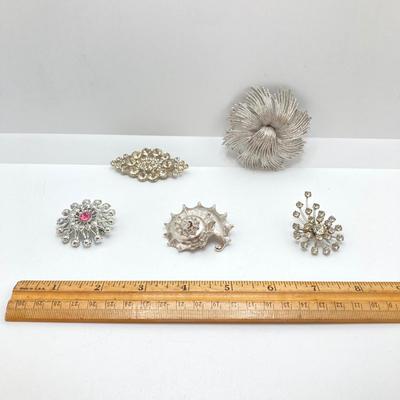 LOT 138: Eye Catching Silver Tone Brooch / Pin Collection - Monet and Rhinestone