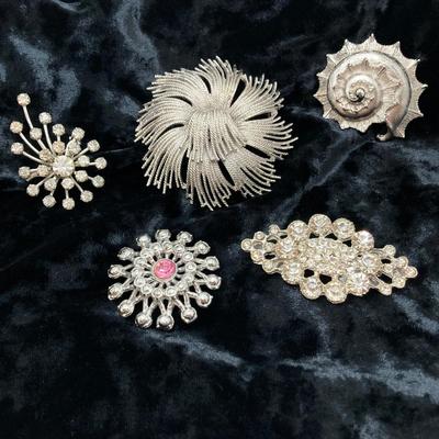 LOT 138: Eye Catching Silver Tone Brooch / Pin Collection - Monet and Rhinestone