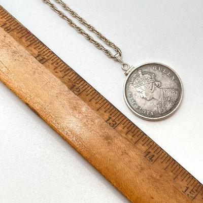 LOT 141: Vintage Pendant Necklace with British India 1862 One Rupee Silver Coin Featuring Queen Victoria