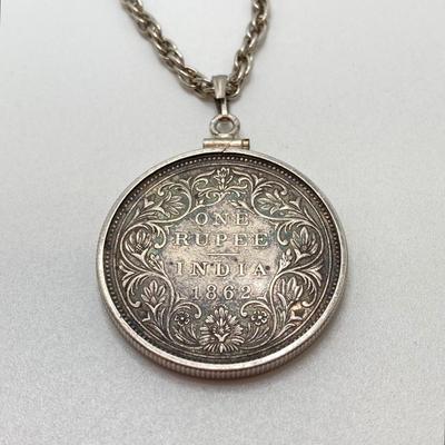 LOT 141: Vintage Pendant Necklace with British India 1862 One Rupee Silver Coin Featuring Queen Victoria