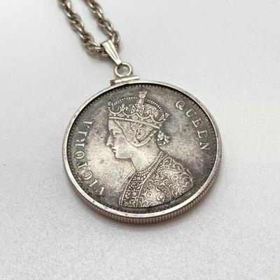 LOT 141: Vintage Pendant Necklace with British India 1862 One Rupee Silver Coin Featuring Queen Victoria
