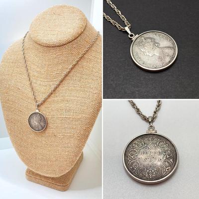 LOT 141: Vintage Pendant Necklace with British India 1862 One Rupee Silver Coin Featuring Queen Victoria