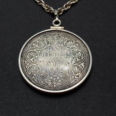 LOT 141: Vintage Pendant Necklace with British India 1862 One Rupee Silver Coin Featuring Queen Victoria