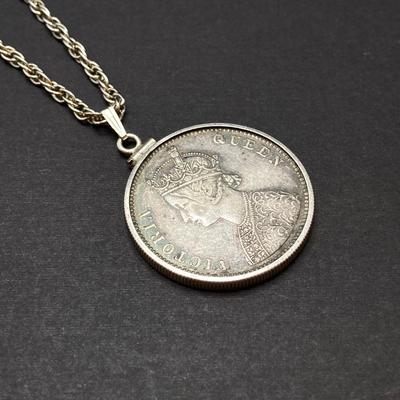 LOT 141: Vintage Pendant Necklace with British India 1862 One Rupee Silver Coin Featuring Queen Victoria