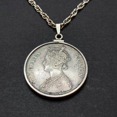 LOT 141: Vintage Pendant Necklace with British India 1862 One Rupee Silver Coin Featuring Queen Victoria