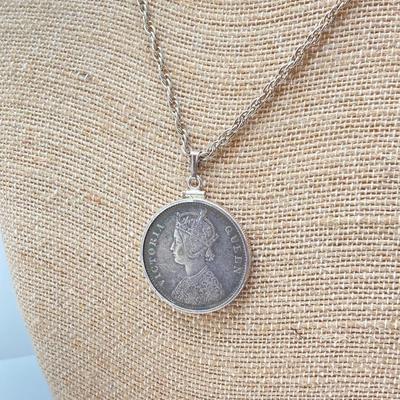 LOT 141: Vintage Pendant Necklace with British India 1862 One Rupee Silver Coin Featuring Queen Victoria