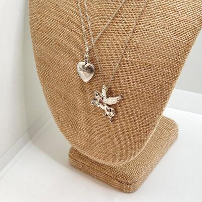 LOT 142: Sterling Silver Heart Shaped Monogrammed "Butterball" Pendant Urn Necklace and Silver Tone Pegusus Pendant with...
