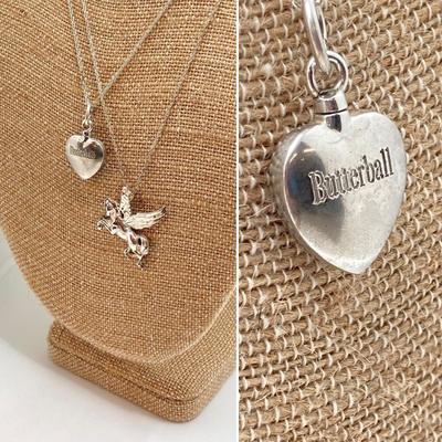 LOT 142: Sterling Silver Heart Shaped Monogrammed "Butterball" Pendant Urn Necklace and Silver Tone Pegusus Pendant with...