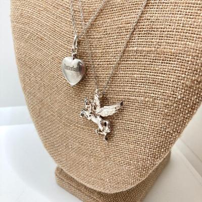 LOT 142: Sterling Silver Heart Shaped Monogrammed "Butterball" Pendant Urn Necklace and Silver Tone Pegusus Pendant with...