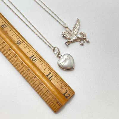 LOT 142: Sterling Silver Heart Shaped Monogrammed "Butterball" Pendant Urn Necklace and Silver Tone Pegusus Pendant with...