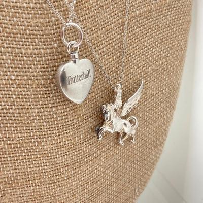 LOT 142: Sterling Silver Heart Shaped Monogrammed "Butterball" Pendant Urn Necklace and Silver Tone Pegusus Pendant with...