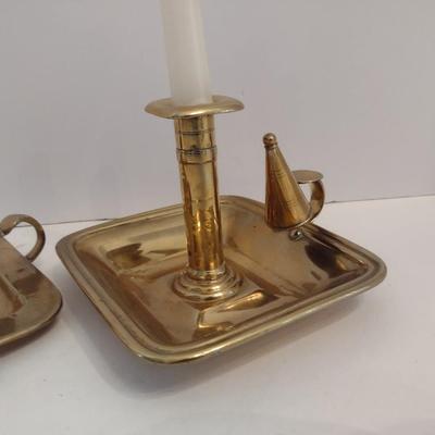 Pair of Vintage Brass Candle Platters with Snuffer Caps