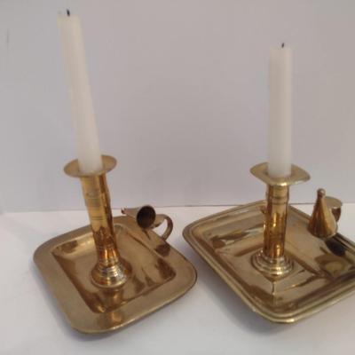 Pair of Vintage Brass Candle Platters with Snuffer Caps