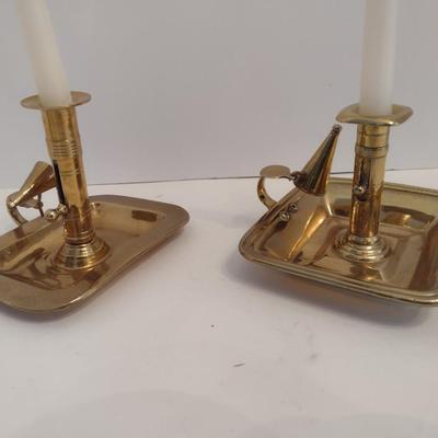 Pair of Vintage Brass Candle Platters with Snuffer Caps