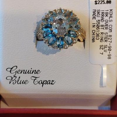 18kt Yellow Gold Plated Blue Topaz Created White Sapphire Ring Sz 7