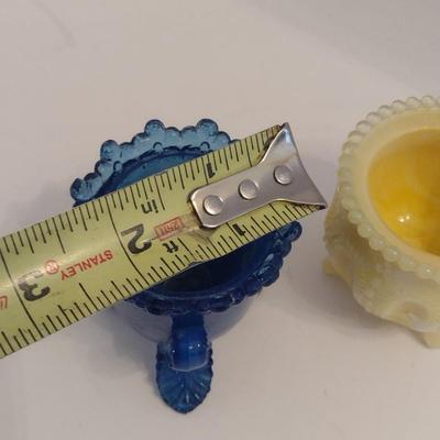 Pair of Rare Degenhart Glass Blue Toothpick Holder and Yellow Witches Pot Toothpick Holder