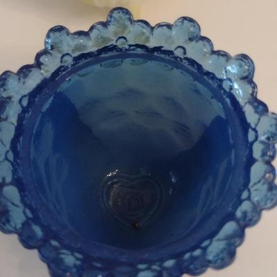 Pair of Rare Degenhart Glass Blue Toothpick Holder and Yellow Witches Pot Toothpick Holder