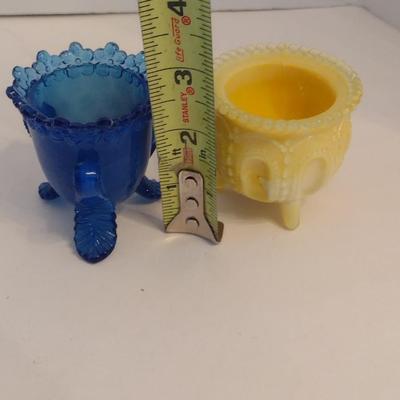 Pair of Rare Degenhart Glass Blue Toothpick Holder and Yellow Witches Pot Toothpick Holder