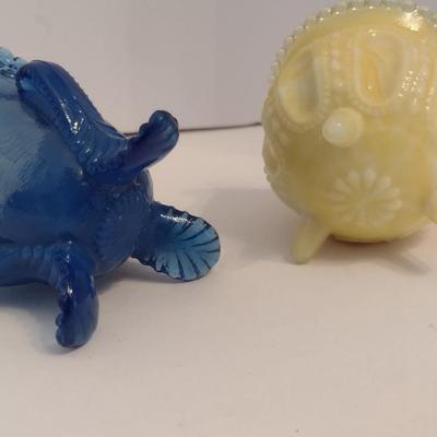 Pair of Rare Degenhart Glass Blue Toothpick Holder and Yellow Witches Pot Toothpick Holder