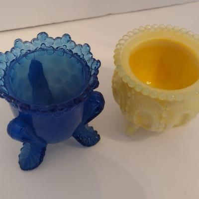 Pair of Rare Degenhart Glass Blue Toothpick Holder and Yellow Witches Pot Toothpick Holder