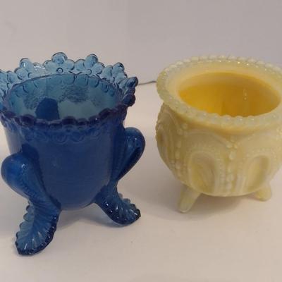 Pair of Rare Degenhart Glass Blue Toothpick Holder and Yellow Witches Pot Toothpick Holder